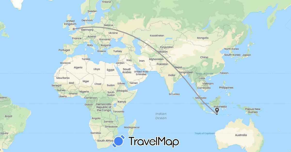 TravelMap itinerary: driving, plane, motorbike in United Kingdom, Indonesia, Singapore (Asia, Europe)